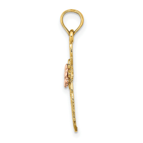 14k Two-Tone Gold Cross Pendant with Floral Charm and Filigree Vintage Scrollwork Design
