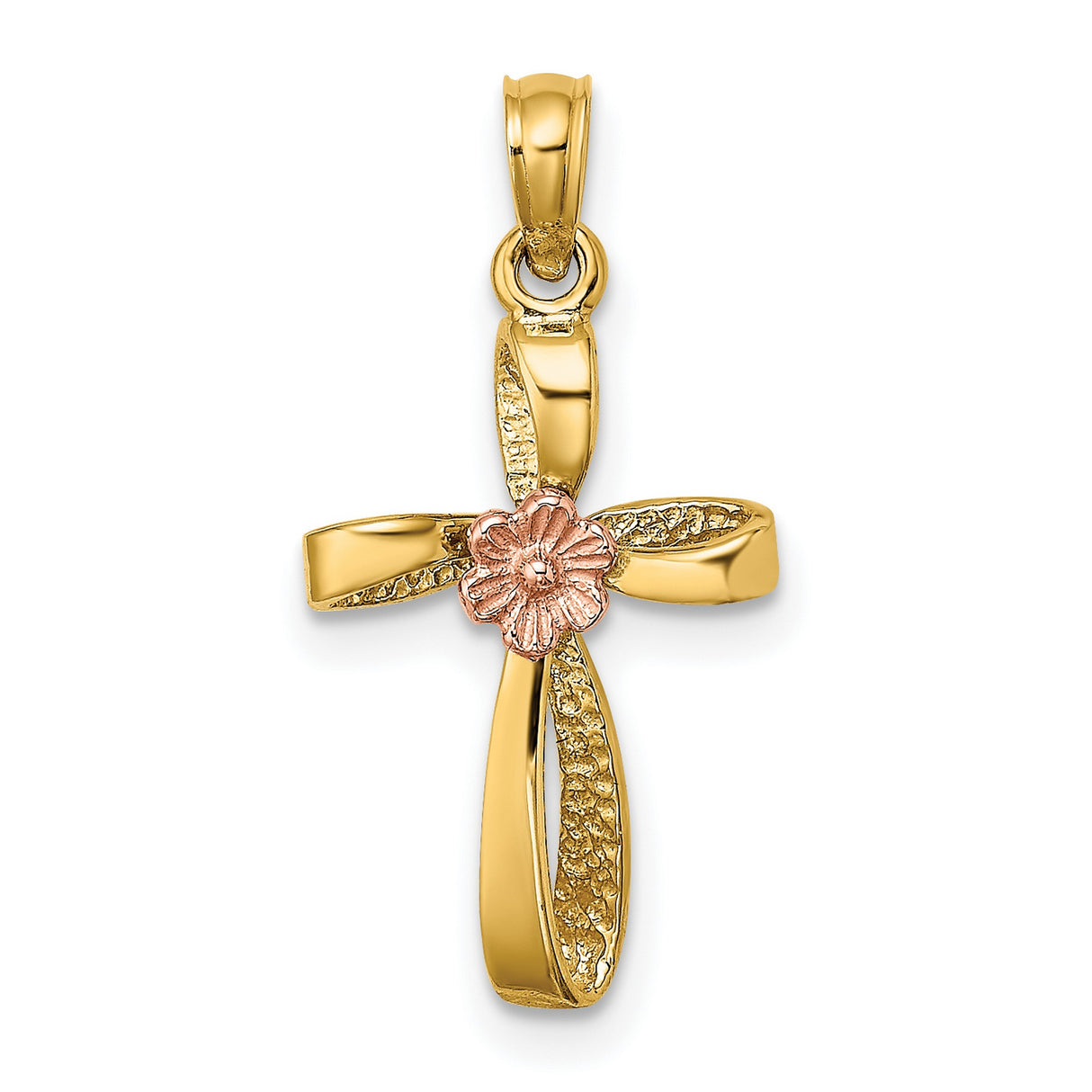 Twisted Cross Heart Charm Pendant in Real 14k Multi-Tone Gold