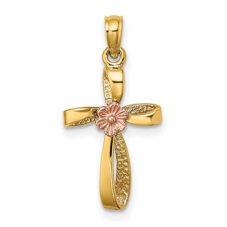 14k Multi-Tone Gold Twisted Heart Cross Pendant with Floral Center