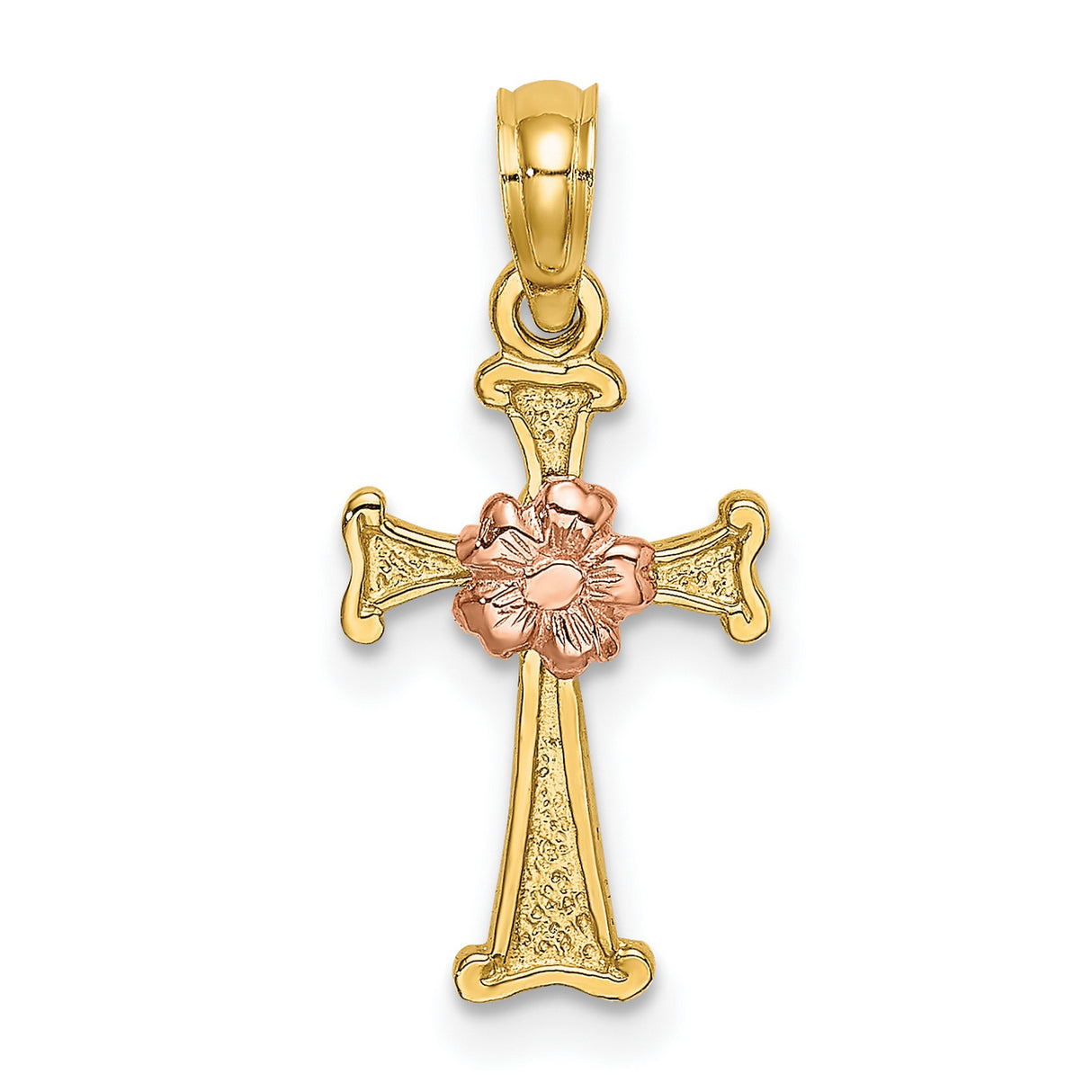 Cross Flower Charm Pendant in Real 14k Multi-Tone Gold
