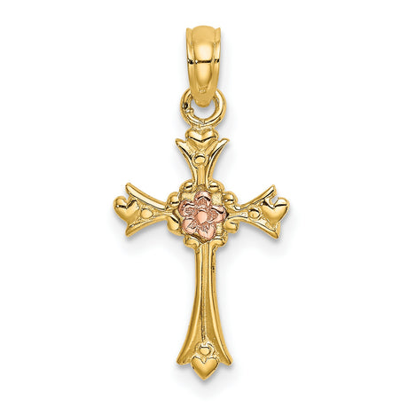 14k Two-Tone Gold Cross Pendant with Floral Heart Tips, Vintage Style Religious Charm