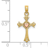 Cross Heart Charm Pendant in Real 14k Multi-Tone Gold