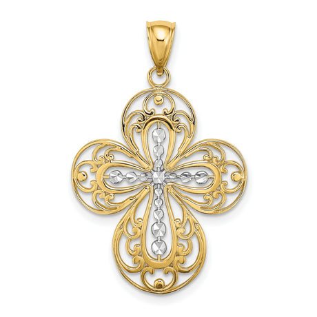 14k Two Tone Gold Filigree Cross Pendant, Baroque Scrollwork Religious Charm for Adults