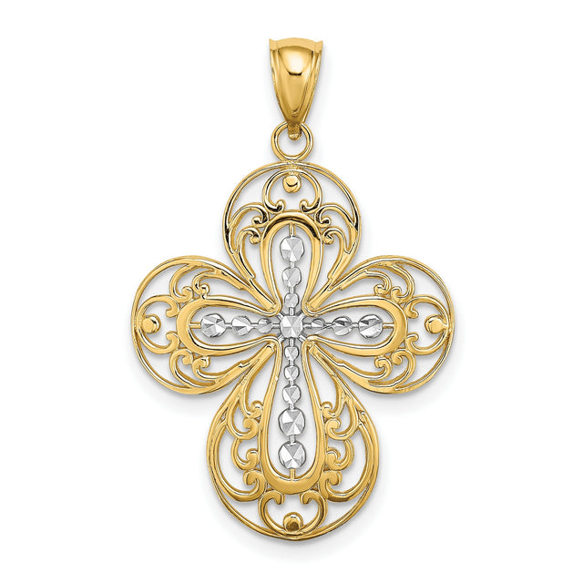 Cut Out Filigree Cross Charm Pendant in Real 14k Multi-Tone Gold