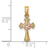 Cross Small Flower Charm Pendant in Real 14k Multi-Tone Gold