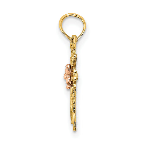 Cross Flower Charm Pendant in Real 14k Multi-Tone Gold