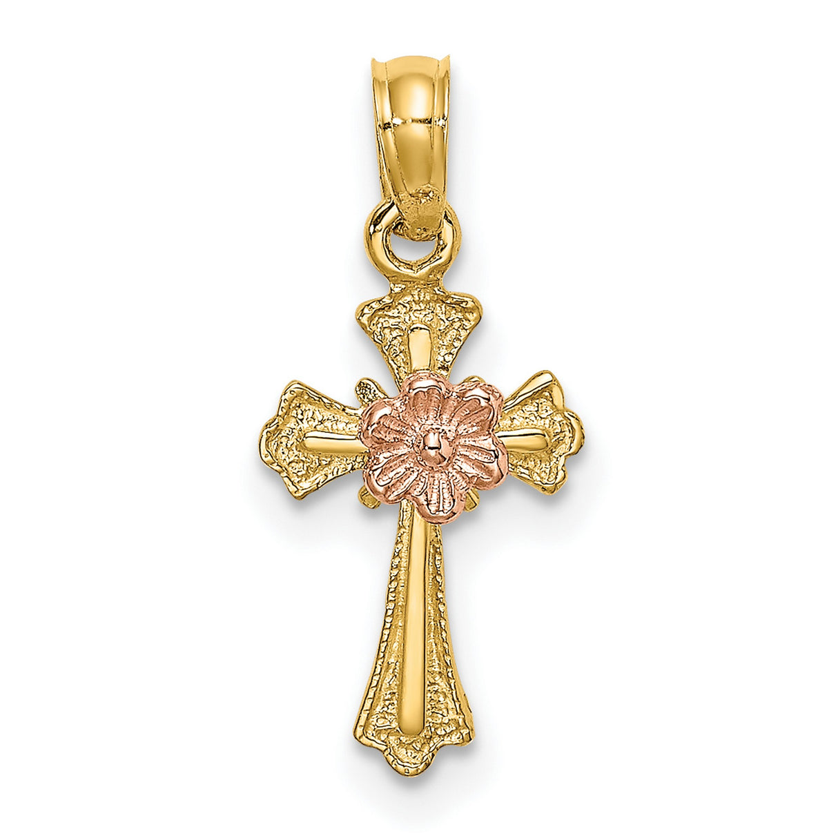 Cross Flower Charm Pendant in Real 14k Multi-Tone Gold