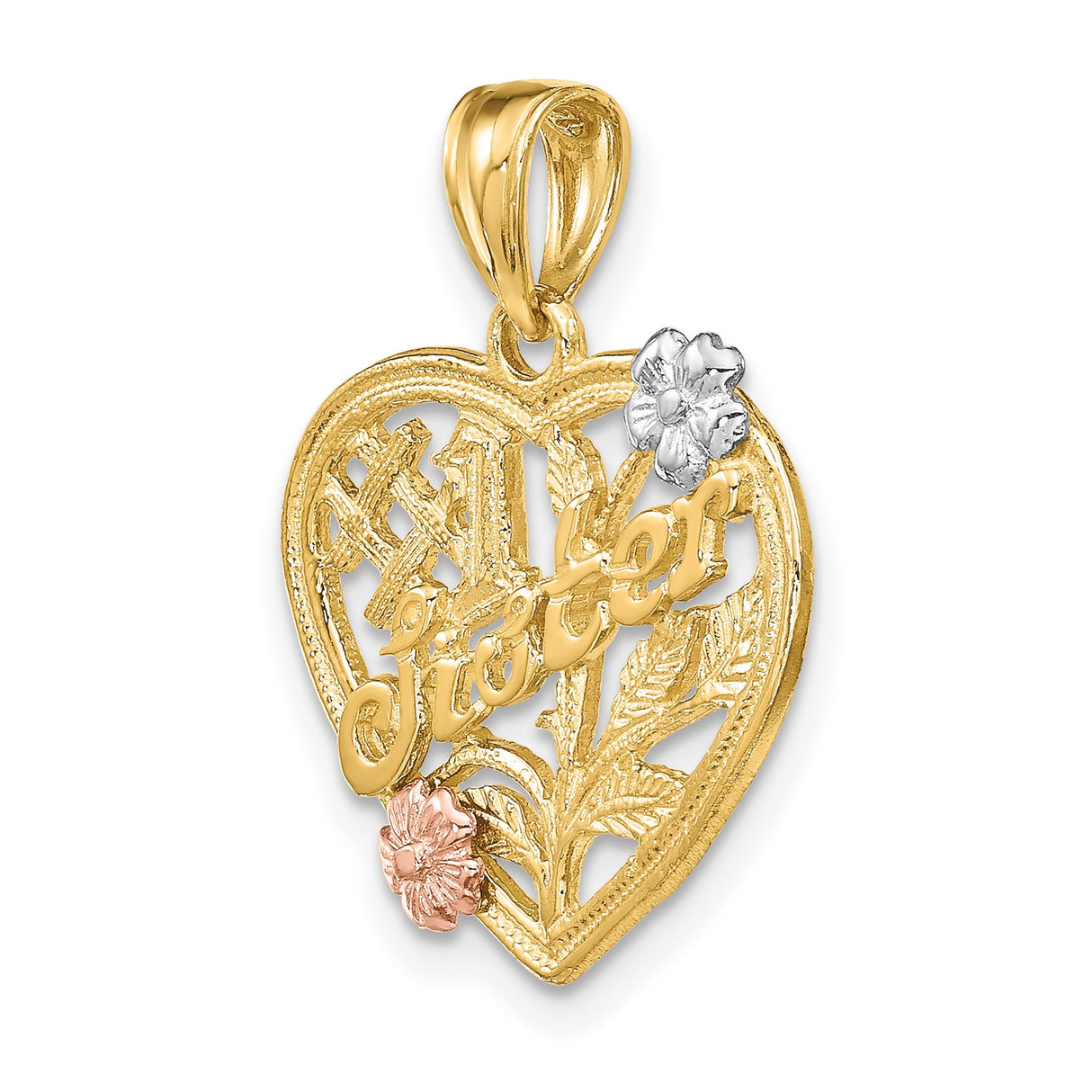 #1 SISTER On Heart Flowers Charm Pendant in Real 14k Multi-Tone Gold