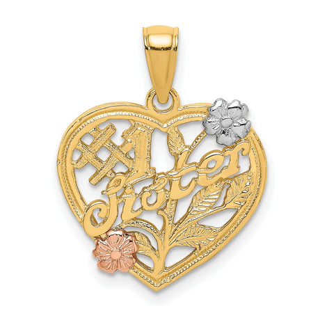 #1 SISTER On Heart Flowers Charm Pendant in Real 14k Multi-Tone Gold