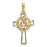 Claddagh Cross Charm Pendant in Real 14k Multi-Tone Gold
