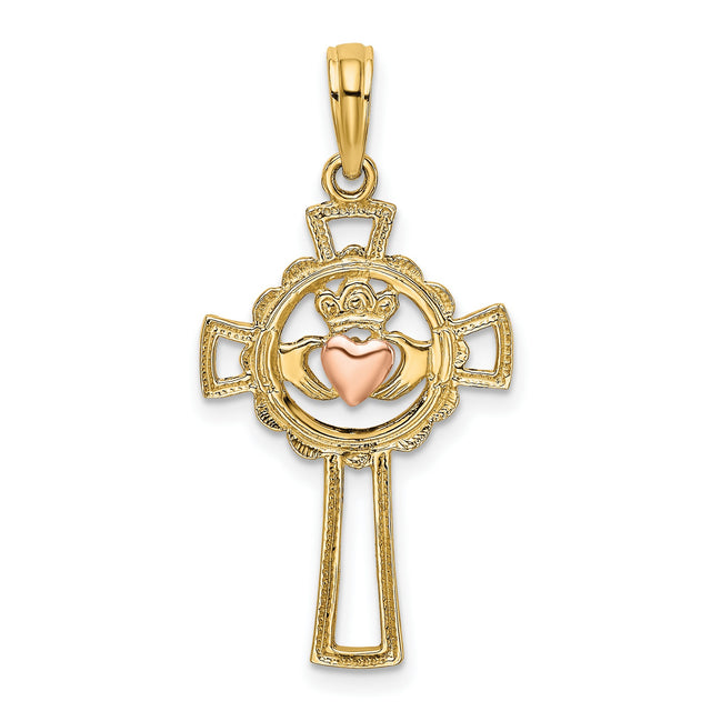 Claddagh Cross Charm Pendant in Real 14k Multi-Tone Gold