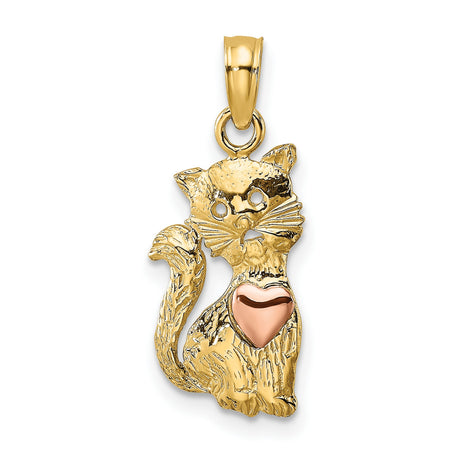 Cat Heart Charm Pendant in Real 14k Multi-Tone Gold