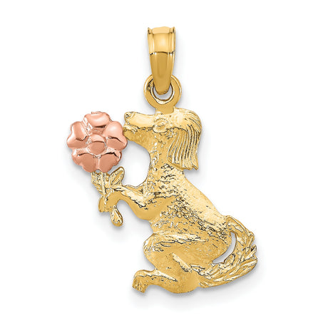 14k Two-Tone Gold Dog Pendant with Rose Flower, Sentimental Pet Charm Jewelry