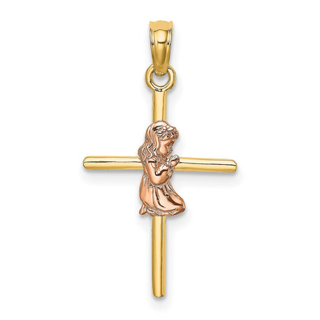 Girl Cross Charm Pendant in Real 14k Multi-Tone Gold