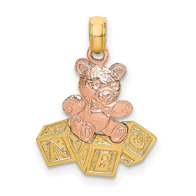 14k Two Tone Gold Pendant with Rose Gold Teddy Bear on Yellow Gold ABC Blocks