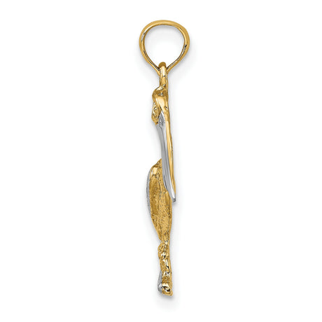 14k Two-Tone Gold Pelican Pendant with Textured Base, Ocean Nature Wildlife Charm