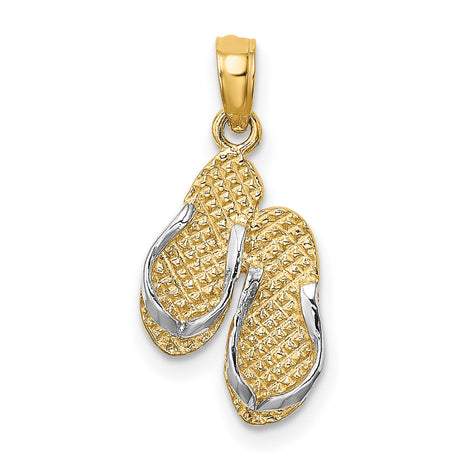 14k Multi-Tone Gold Flip Flop Pendant with Textured Detailing, Summer Beach Charm Design