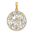 14k Yellow Gold Filigree Pendant, Two-Tone Vine and Leaf Botanical Charm for Women
