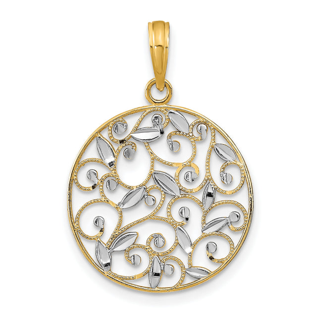 14k Yellow Gold Filigree Pendant, Two-Tone Vine and Leaf Botanical Charm for Women