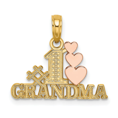 #1 Grandma Words With Three Rose Colored Hearts Charm Pendant in Real 14k Multi-Tone Gold