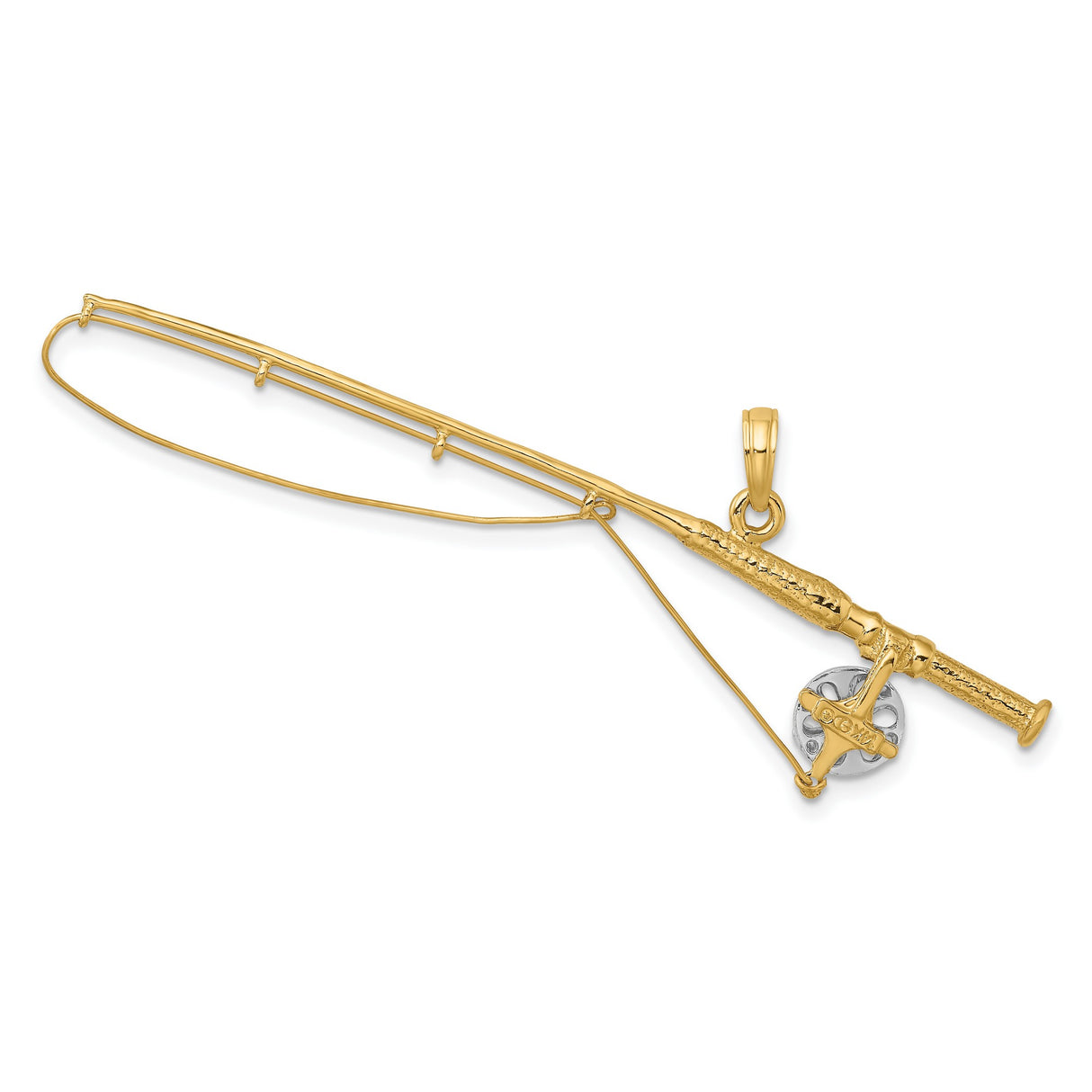 14k Multi-Tone Gold Fishing Rod Pendant with Rhodium Reel Detail, Outdoor Sportsman Charm