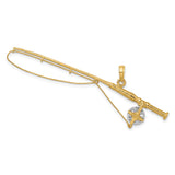 14k Multi-Tone Gold Fishing Rod Pendant with Rhodium Reel Detail, Outdoor Sportsman Charm