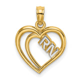 14k Yellow Gold and Rhodium RN Heart Pendant, Registered Nurse Symbol Charm