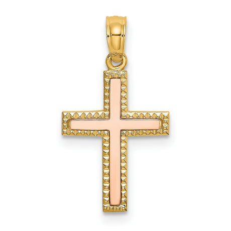 14k Two-Tone Gold Cross Pendant with Rose Enamel and Textured Finish