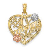 #1 MOM Heart with Flower Charm Pendant in Real 14k Multi-Tone Gold