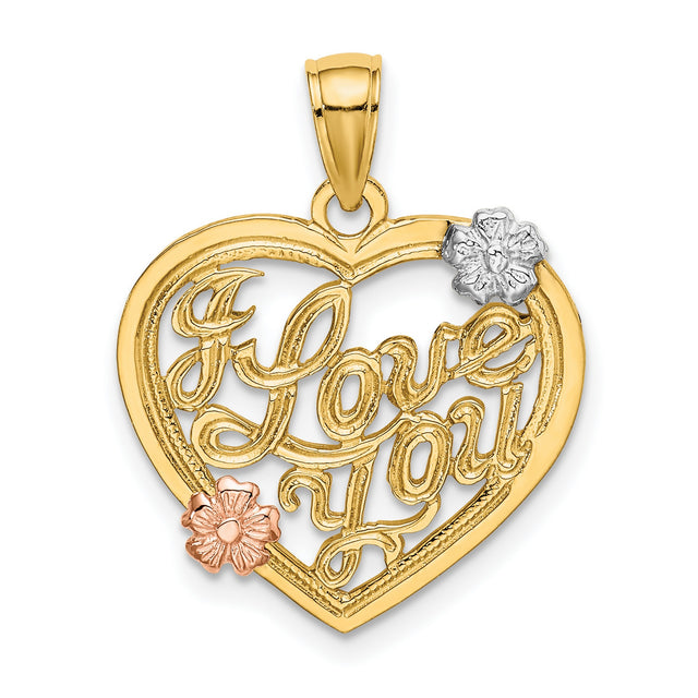 14k Two-Tone Gold Heart Pendant with I Love You Script and Rose & White Gold Flower Accents
