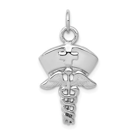 14k White Gold Nurse Pendant with Cap, Caduceus Symbol and Medical Cross Charm