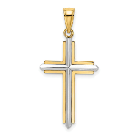 14k Yellow and White Gold Cross Pendant, Polished Two-Tone Religious Charm for Men and Women