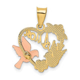 14k Two-Tone Gold Heart Pendant with Roses and Doves, Romantic Floral Jewelry