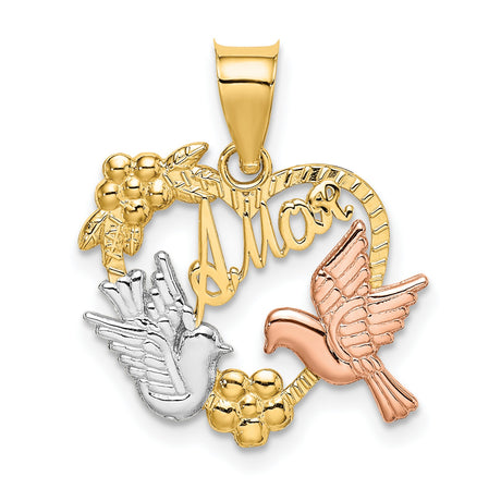 14k Two-Tone Gold Heart Pendant with Roses and Doves, Romantic Floral Jewelry
