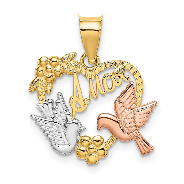 14k Two-Tone Gold Heart Pendant with Roses and Doves, Romantic Floral Jewelry