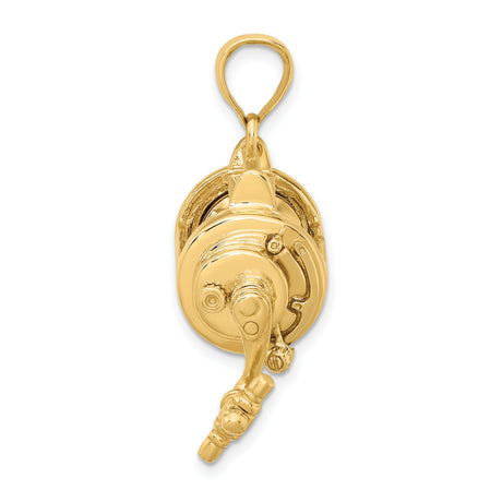 14k Yellow Gold Fishing Reel Pendant, Nautical Angler Charm for Men or Unisex Wear