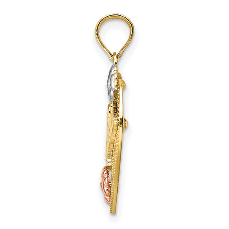 14k Two-Tone Gold Heart Pendant with Floral Rose and White Gold Accents and Leaf Vine Design