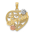 14k Two-Tone Gold Heart Pendant with Floral Rose and White Gold Accents and Leaf Vine Design