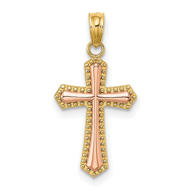 Beaded Trim Cross Charm Pendant in Real 14k Multi-Tone Gold
