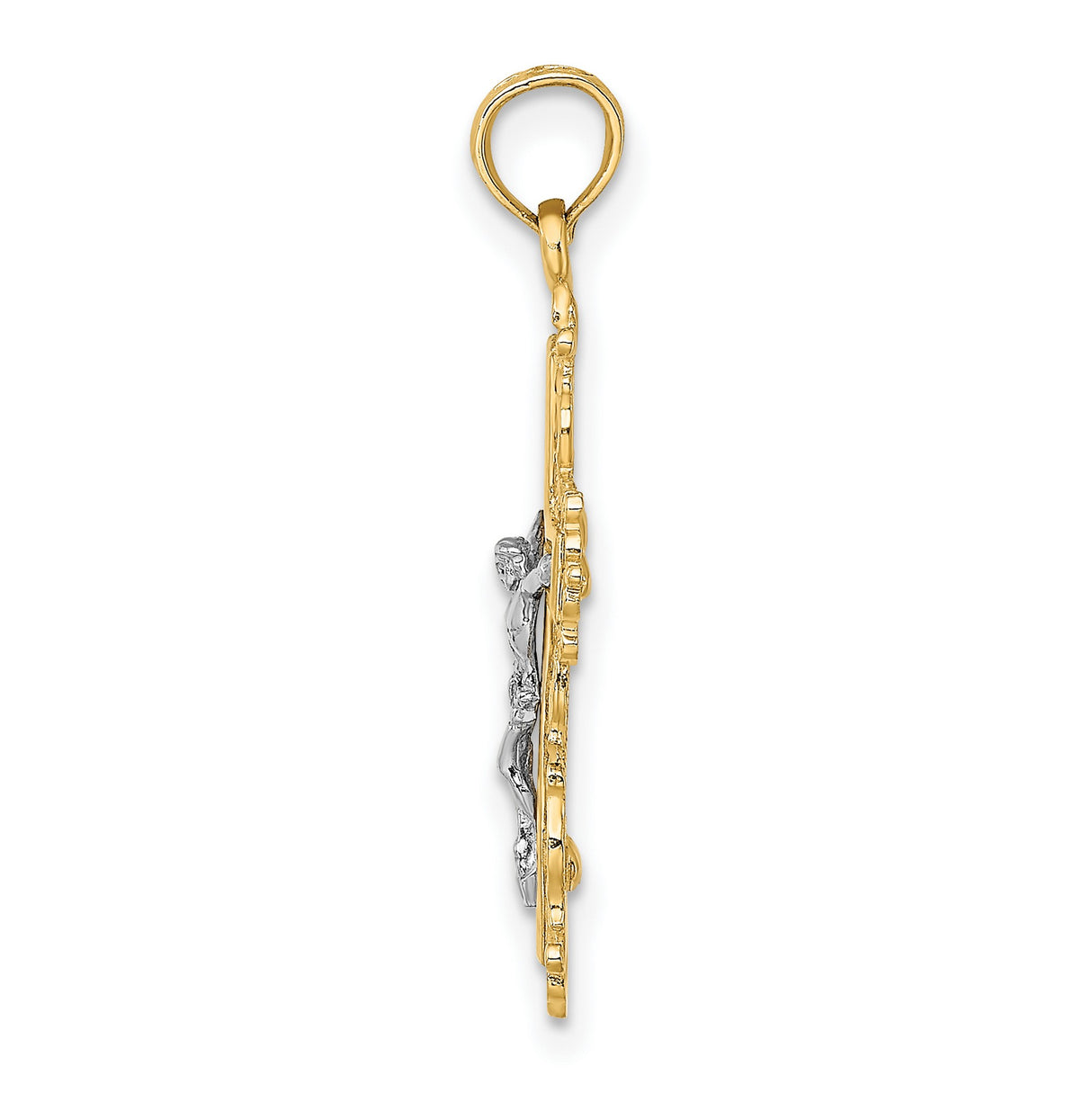 Textured Lace Trim Crucifix Charm Pendant in Real 14k Multi-Tone Gold