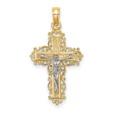 Textured Lace Trim Crucifix Charm Pendant in Real 14k Multi-Tone Gold