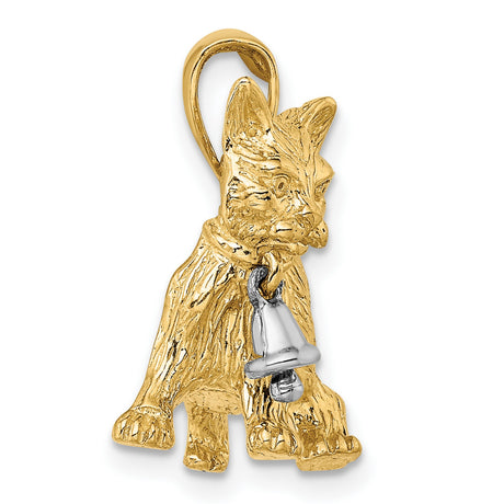 Dangling Bell and Cat Charm Pendant in Real 14k Multi-Tone Gold