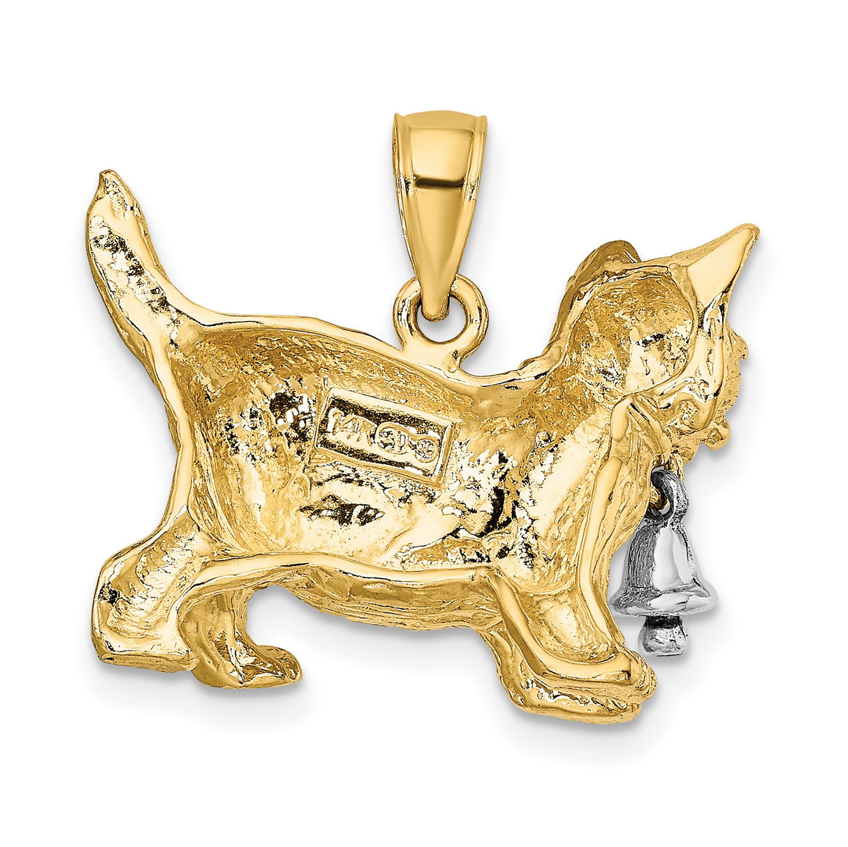 Dangling Bell and Cat Charm Pendant in Real 14k Multi-Tone Gold