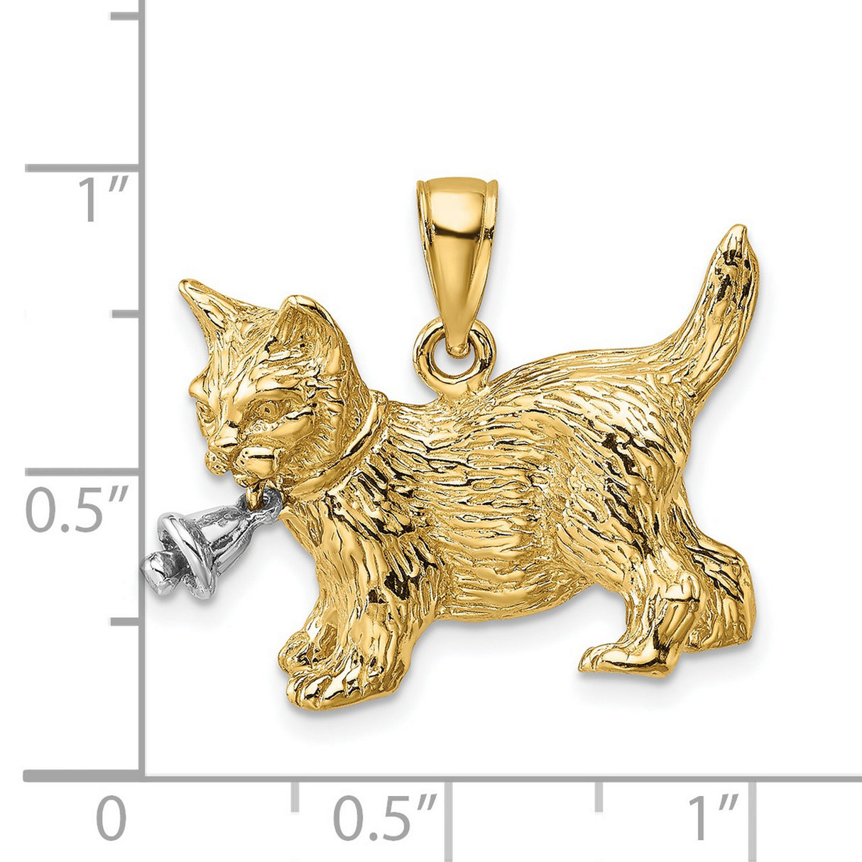 Dangling Bell and Cat Charm Pendant in Real 14k Multi-Tone Gold