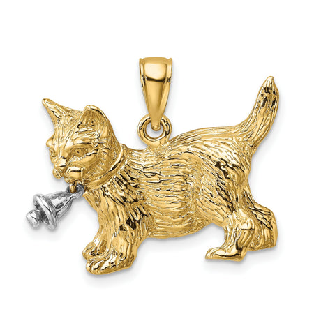 Dangling Bell and Cat Charm Pendant in Real 14k Multi-Tone Gold
