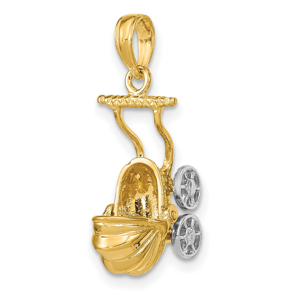 14k Multi-Tone Gold Baby Stroller Pendant, Carriage Design, Motherhood Charm for Women