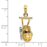 14k Multi-Tone Gold Baby Stroller Pendant, Carriage Design, Motherhood Charm for Women