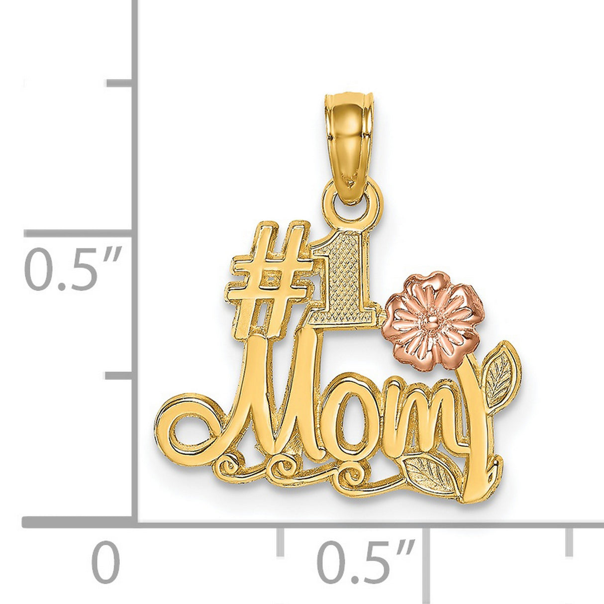 #1 MOM Script Flower Charm Pendant in Real 14k Multi-Tone Gold