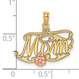 14k Two-Tone Gold Mom Pendant with Pink Rose Accent, Script Floral Charm for Women