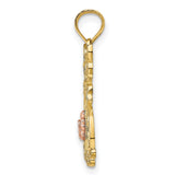 Sitting Cat Bow and Flower Charm Pendant in Real 14k Multi-Tone Gold